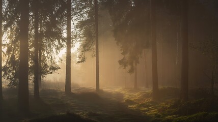 Misty forest path bathed in golden sunrise light trees