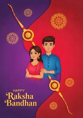 Illustration of raksha bandhan with a brother and sister and decorative rakhi elements design