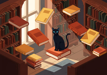 Obraz premium A black cat with striking blue eyes sits atop a book amidst a library filled with floating books, bathed in soft, warm light.
