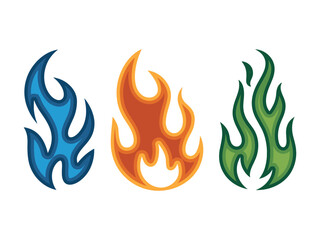 Colorful fire flame icon set in blue orange and green variations Vector illustration