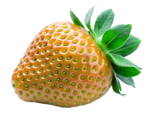 A single golden strawberry with green leaves, isolated on transparent background