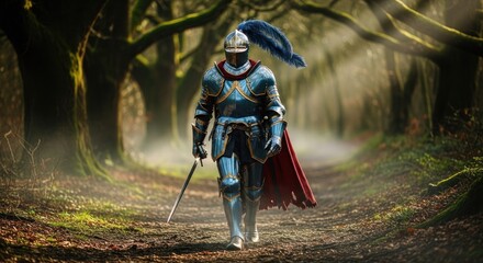 Knight in full plate armor walks a sunlit forest path