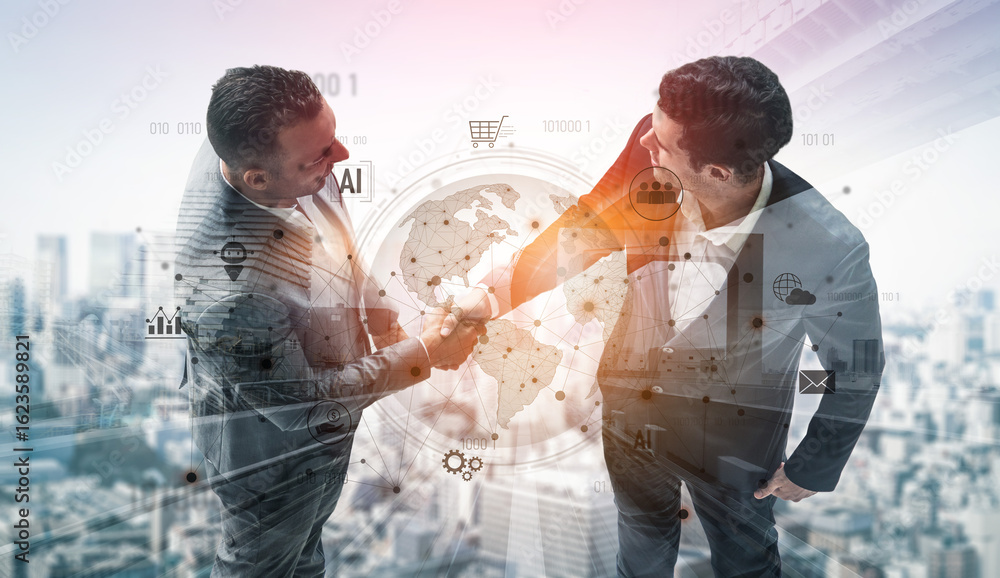Poster global ai-powered digital network ecosystem connecting data, finance, analytics, ecommerce, communic