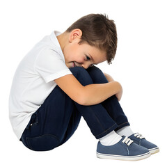 Photo of sad boy crouching with head down, hugging knees, isolated on transparent background