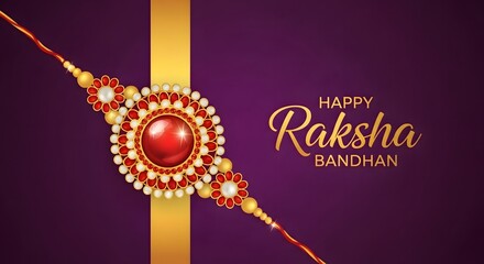 Ornate rakhi with red gem and gold accents on a purple background for raksha bandhan celebration