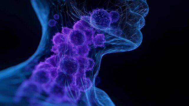 3D medical visualization of mumps virus causing parotid gland enlargement illuminated orange inflammation under skin.