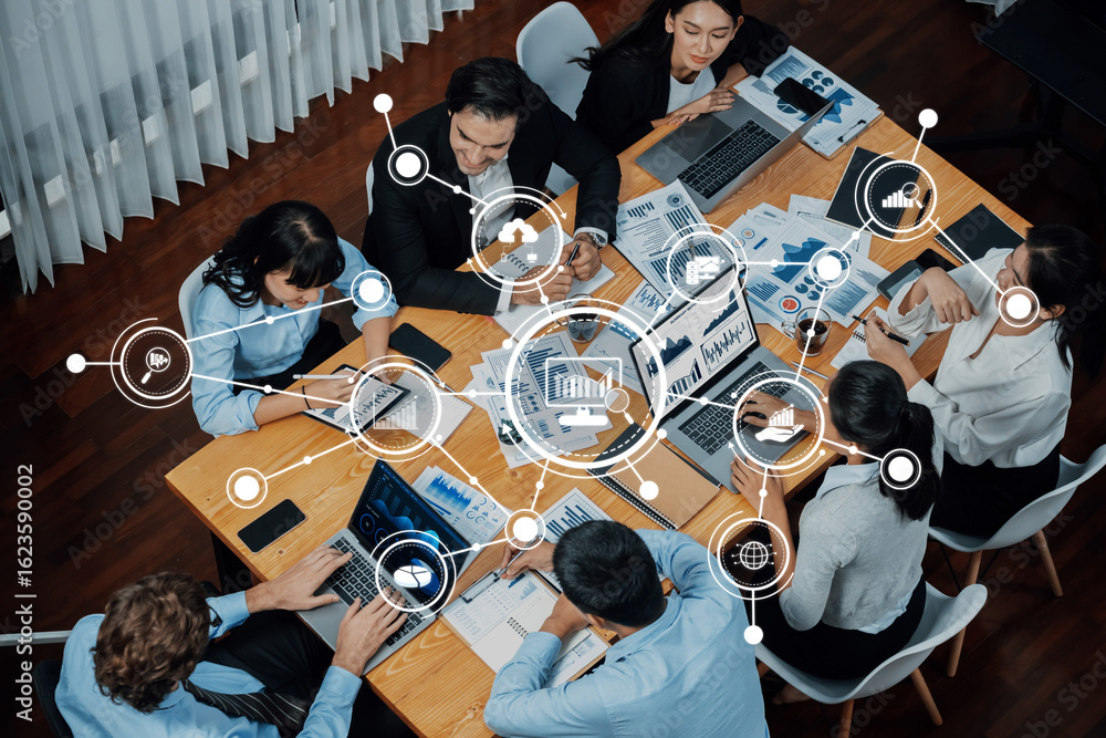 Poster a diverse group of business professionals collaborates in a modern office space, analyzing data and 
