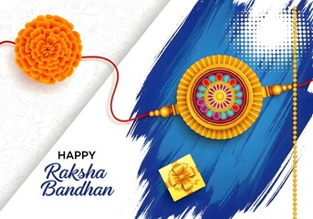 Raksha bandhan themed image featuring a marigold flower, rakhi, and gift box on a colorful background