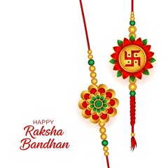 Two rakhi bands with floral designs and swastika symbol for raksha bandhan celebration on white background