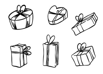 Gifts doodle set. Hand drawn gift boxes and pockets collection. Fun sketch illustrations isolated on white background. Perfect for festive and holiday design.