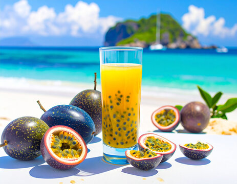 Maracuja Passionfruit Juice  from freshly squeezed  Exoitic Fruitss erved on a white beach Beach
