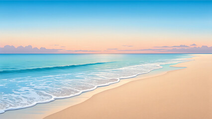 Fototapeta premium Serene beach vista with gentle waves lapping golden sand under a pastel sky, perfect for summer vibes