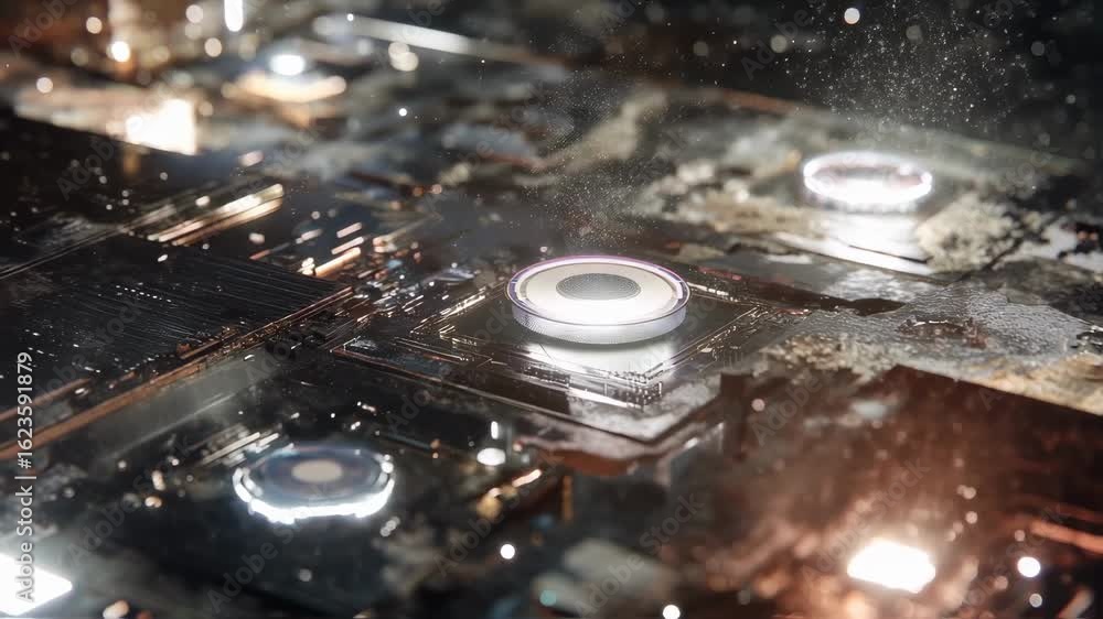 Poster quantum processor cooling down with water droplets falling on the circuit board, creating a futurist