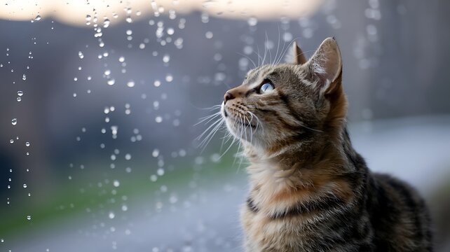 Tabby cat looking up at raindrops on window feline animal