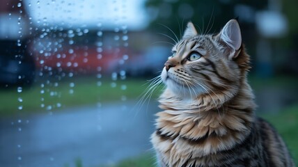 Tabby cat looking out window on rainy day feline animal