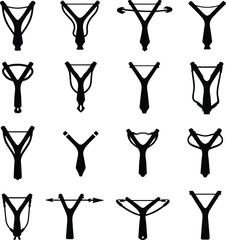Slingshot Vector Illustration Set: Black and White Design Elements for Outdoor Games, Hunting, and Recreation. A unique collection of catapults.