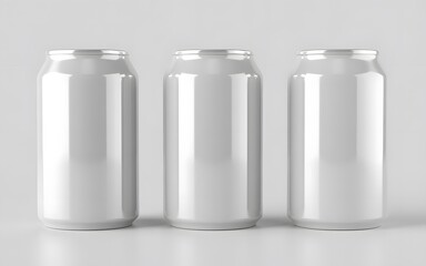 Three blank silver aluminum cans arranged in a row on a white background