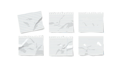 Six torn and crumpled lined paper pieces on white background on transparent background