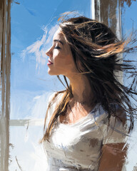 Transavanguardia 1980s, painting style: woman by open window with wind in hair, calm joy, natural light, raw brushstrokes