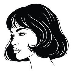 Elegant Woman Portrait with Bob Haircut Black and White Illustration Retro Style Female Profile Graphic Design Art Illustration Minimalist Design Fine Lines
