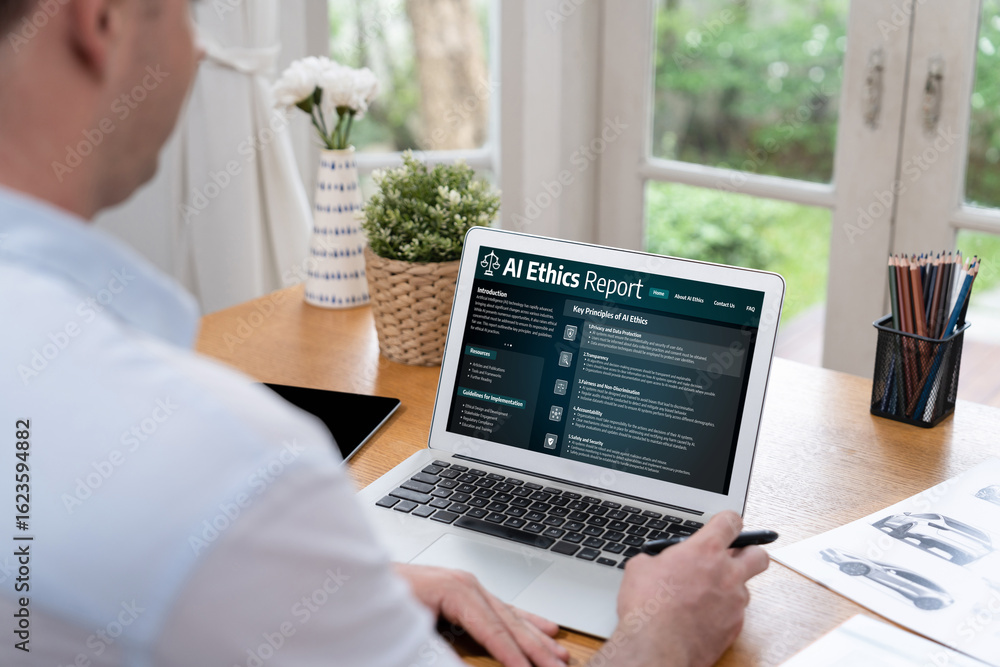Poster ai ethics responsibility standard law and rules on computer screen provide report of ai ethic transp