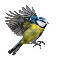 Blue tit bird flying with outstretched wings and detailed feathers  isolate  Isolated on Transparent Background