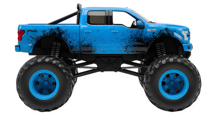 Blue monster truck with large wheels on white background  isolate  Isolated on Transparent Background