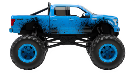 Blue monster truck with large wheels on white background  isolate  Isolated on Transparent Background