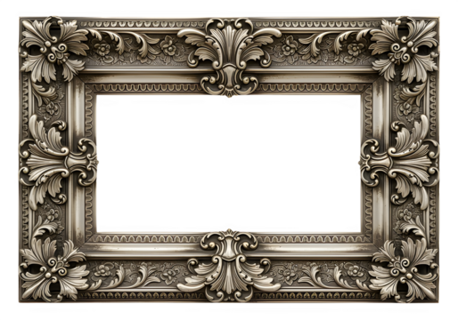 Ornate vintage silver picture frame with intricate floral designs  isolate  Isolated on Transparent Background