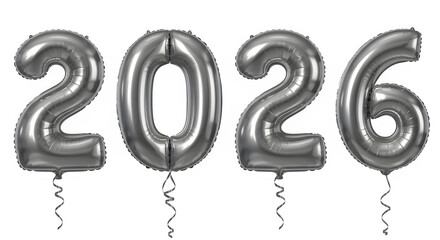 Metallic silver balloons shaped as numbers 2026 for celebration  isolate