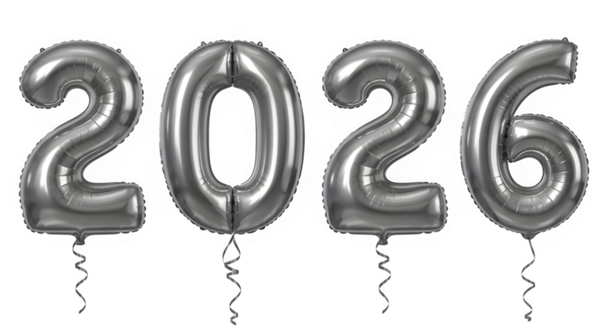 Metallic silver balloons shaped as numbers 2026 for celebration  isolate