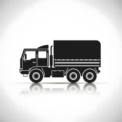Black silhouette of a delivery truck on a reflective background  military truck  icon, minimal design, flat shadows, black and gray palette