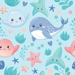 Fototapeta premium Cute ocean life seamless pattern featuring smiling whales starfish seaweed and decorative hearts on a light blue background