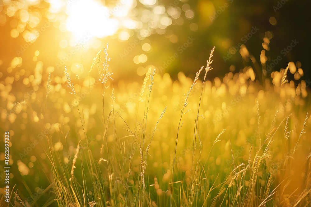 Poster sunlit meadow with tall grass swaying in golden light and soft field shadows generative ai