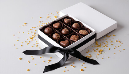 Box of assorted chocolates arranged in heart shapes for Valentine’s Day  
