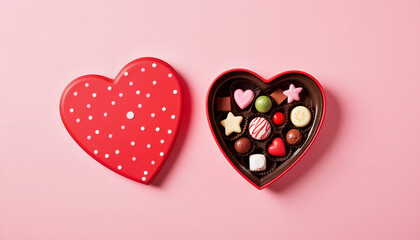 Heart-shaped box of assorted chocolates on pink background for Valentine's Day  