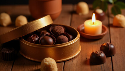 Assorted chocolates in golden tin on wooden table with candlelight  