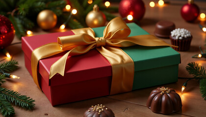 Colorful gift box with gold ribbon surrounded by festive decorations  