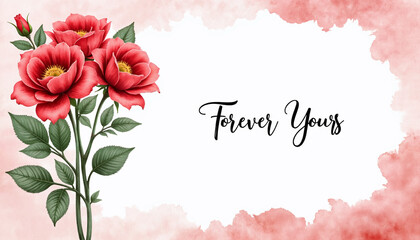 Elegant bouquet of roses with handwritten text on watercolor background, Concept of Valentine’s Day  