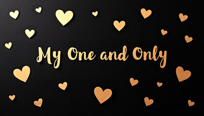 Golden hearts and text "My One and Only" on black background  