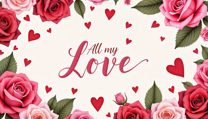 Colorful roses and hearts framing the phrase "All my Love" for Valentine's Day  