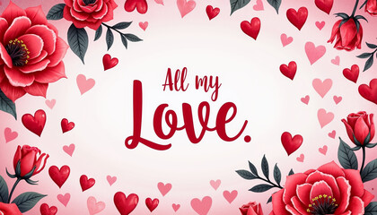 Floral design with red roses and hearts for Valentine’s Day  
