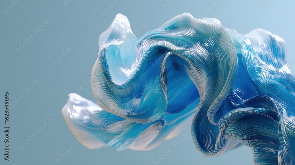 Poster abstract fluid sculpture with blue waves and light texture in soft gradient background
