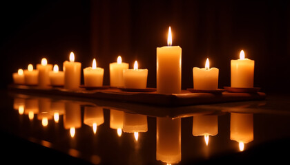 Softly glowing candles reflecting on the table for Valentine’s Day  