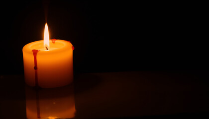 Single lit candle melting with dark background for Valentine’s Day  