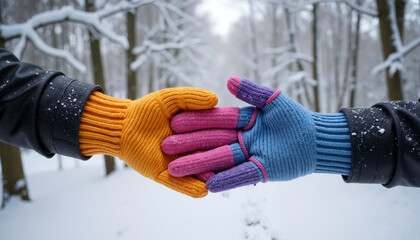 Colorful gloves reaching out to each other in snowy forest setting  