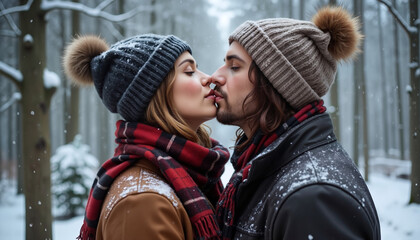 Young couple kissing in winter forest with snow and warm clothing  