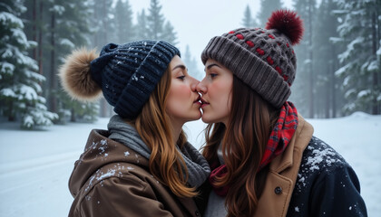 Two women kissing in snowy forest during winter with love  