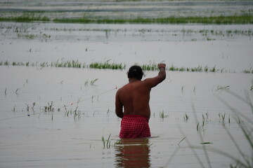 A person arranging a fishing net in a flooded area