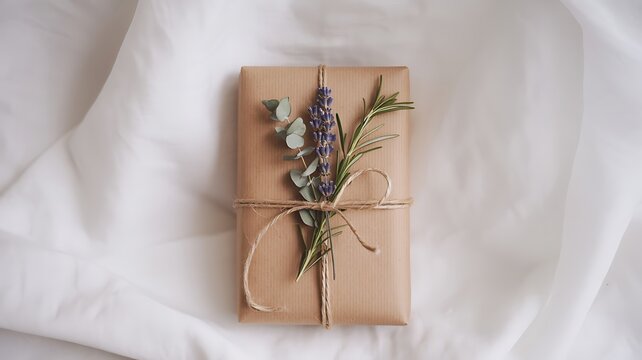 Kraft paper gift box with lavender and rosemary twine